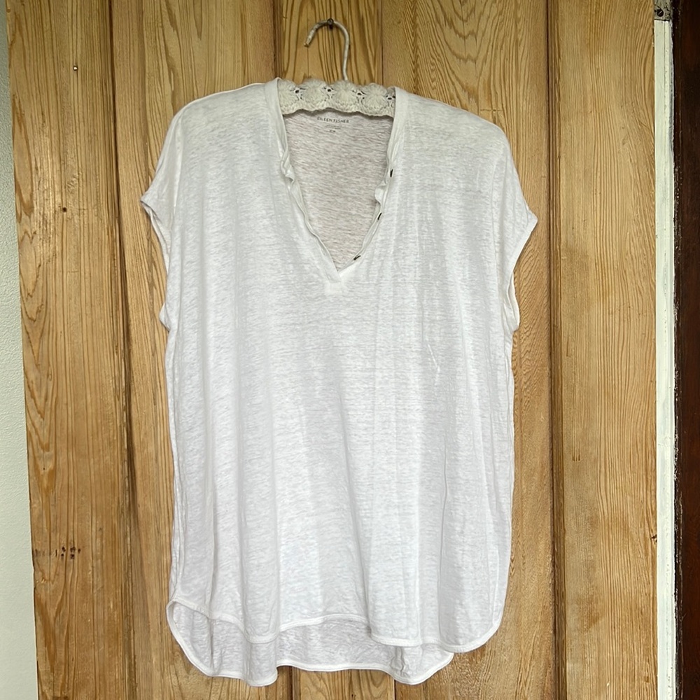 Eileen Fisher Organic Linen Jersey Mandarin Collar Tunic in White, Size Medium